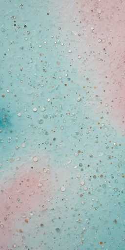 The image depicts a close-up view of a textured surface, likely a wall or ceiling, that is predominantly light blue with patches of pink. The surface is adorned with numerous water droplets of varying sizes, ranging from tiny specks to larger, more prominent droplets. These droplets are scattered across the entire surface, creating a dynamic and intricate pattern. The pink patches are more concentrated in the top right corner and the bottom left corner, while the light blue color dominates the rest of the surface. The water droplets appear to be in motion, suggesting that the image was captured while the surface was still wet, possibly after a recent rainfall or water spray. The overall effect is a captivating blend of colors and textures, highlighting the interplay between the water droplets and the underlying surface.