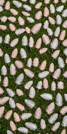 The image depicts a rectangular photograph, approximately six inches tall and two inches wide, showcasing a lush green grassy field. Scattered across the grass are numerous feathers, predominantly white with some pinkish hues, creating a striking contrast against the verdant backdrop. The feathers vary in size and shape, with some being long and narrow while others are short and wide. They appear to be randomly distributed, with no discernible pattern, giving the impression that they might have been blown onto the field by the wind. The overall scene is serene and natural, with the vibrant green grass and the delicate, scattered feathers creating a visually appealing composition.
