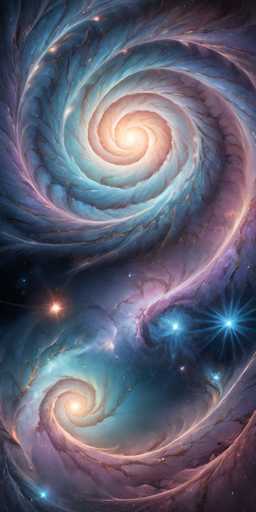 This image is a detailed, computer-generated depiction of a cosmic scene, resembling a galaxy or nebula. The background is a deep, dark blue, almost black, with a gradient that lightens towards the center. Dominating the image are two large, swirling spirals. The upper spiral is more prominent, featuring a bright, glowing center that transitions from a yellowish-orange to a light blue, and then to a darker blue as it expands outward. The lower spiral is smaller and positioned towards the bottom of the image, mirroring the color scheme of the upper one.

Scattered throughout the scene are numerous stars of varying sizes and colors. Notably, there is a large, bright orange star near the center of the upper spiral, and a smaller, bright blue star to the right of the lower spiral. Additionally, a smaller orange star can be seen to the left of the upper spiral. The overall composition creates a mesmerizing, otherworldly atmosphere, capturing the vastness and beauty of the cosmos.