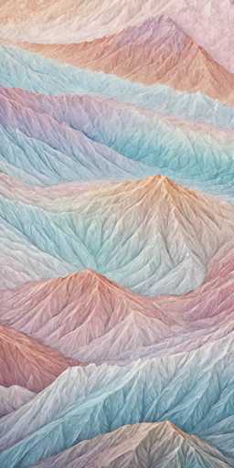 The image shows an abstract painting featuring a series of mountains with varying shades of pink and blue hues. The mountains are depicted in a textured style, giving the impression that they have been folded or crumpled over time. The painting is set against a gray background, which contrasts with the vibrant colors of the mountains.