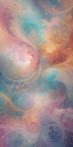 The image shows an abstract painting with a gradient background transitioning from pink at the top left corner to orange and blue towards the bottom right corner. The painting is predominantly white, with splashes of color in shades of purple and green scattered throughout. The painting appears to be a digital art piece, possibly created using a computer program or software that allows for such complex and intricate designs.