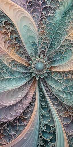 This image is a highly detailed, computer-generated artwork that resembles a close-up of a flower or a stylized sunburst. The central focus is a circular shape with a light blue, almost turquoise hue, surrounded by intricate, petal-like structures. These petals are arranged in a symmetrical pattern, radiating outward in a circular fashion. The color palette is diverse, featuring shades of blue, green, purple, pink, and orange, with some areas appearing almost metallic or silver. The overall composition is intricate and complex, with the petals overlapping and creating a sense of depth and texture. The image is rectangular, approximately six inches high and three inches wide, and it lacks any text or identifying marks, suggesting it might be a piece of digital art or a design intended for use in various media.