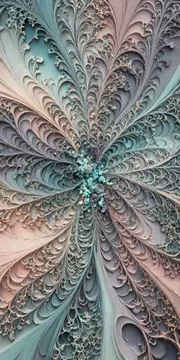 This image showcases a highly detailed, computer-generated design that resembles an intricate, floral pattern. The central focus is a cluster of light blue, flower-like shapes that radiate outward in a spiral formation. These shapes are layered and textured, giving the impression of depth and complexity. The color palette is predominantly composed of soft, pastel hues, including shades of light blue, pink, gray, and purple, with the central cluster being a lighter blue. The design is set against a white background, which enhances the delicate and ethereal quality of the image. The overall effect is reminiscent of a mandala or a stylized flower, with the intricate patterns and layers creating a visually captivating and harmonious composition.