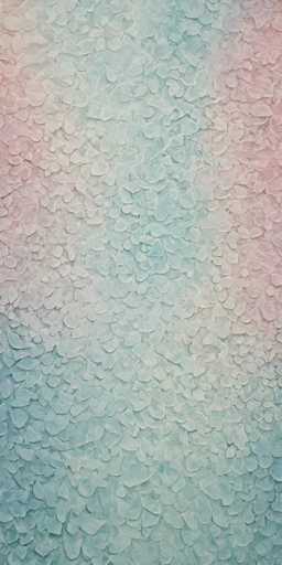The image depicts a close-up view of a textured surface, possibly resembling a wall or ceiling, adorned with numerous small, pebble-like or petal-like fragments. These fragments are predominantly light blue, with a few pinkish ones scattered throughout, creating a subtle gradient effect. The fragments vary in size and shape, with some being more rounded and others more angular. The overall composition is intricate, with the fragments appearing to be randomly distributed yet creating a cohesive pattern. The image is rectangular, approximately six inches high and three inches wide, and it lacks any text or additional objects, focusing solely on the detailed texture and coloration of the fragments.