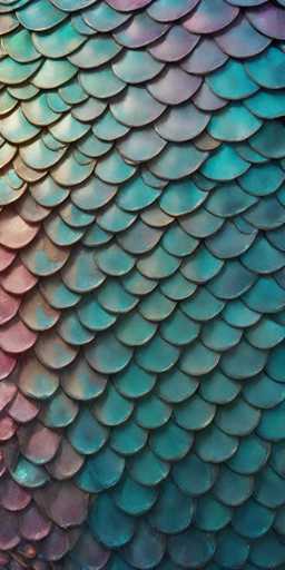 The image depicts a close-up of a textured surface resembling fish scales or overlapping metal plates. The scales are predominantly teal, with a gradient that transitions to a pinkish hue towards the bottom left corner. The scales are arranged in a diagonal pattern, with each row slightly offset from the one above it, creating a layered effect. The overall color palette includes shades of teal, pink, and hints of purple, with the top right corner appearing more teal and the bottom left corner more pink. The surface is shiny, suggesting a metallic or plastic material, and the image is tightly focused, showing no other objects or context.