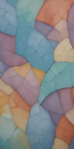 This image depicts a detailed and abstract painting that resembles a mosaic of cracked tiles. The artwork is composed of various colored sections, primarily featuring shades of blue, purple, and orange, with some yellow and white accents. The tiles are arranged in a seemingly random pattern, creating a visually complex and dynamic composition. The cracks between the tiles are prominently visible, adding texture and depth to the piece. The painting is rectangular in shape, with the longer sides oriented vertically. The overall effect is reminiscent of a fragmented, yet harmonious, assembly of colors and shapes, evoking a sense of both unity and fragmentation.