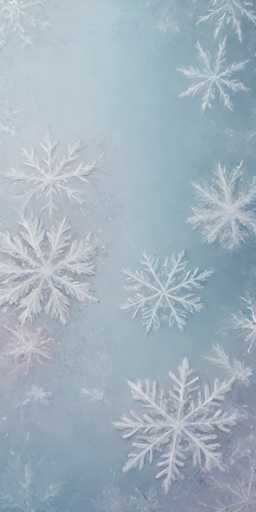 The image depicts a close-up view of a sheet of ice adorned with numerous snowflakes. The snowflakes, varying in size and shape, are intricately detailed, showcasing their unique crystalline structures. The background of the ice is a light blue color, with some areas appearing slightly darker, adding depth to the scene. The snowflakes are predominantly white, with some displaying subtle grayish or bluish hues. The overall composition is simple yet captivating, highlighting the delicate beauty of these natural ice formations.