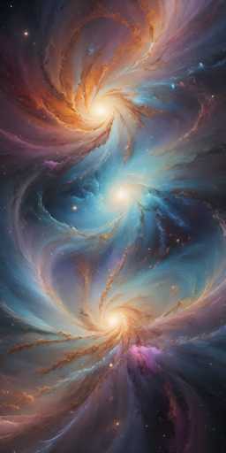 This image is a detailed, computer-generated depiction of a cosmic scene, resembling a galaxy or nebula. The background is a deep, dark blue, almost black, dotted with numerous stars. The central focus is a swirling vortex of vibrant colors, primarily orange, pink, and blue, with hints of purple and yellow. The swirls form three distinct, counterclockwise spirals, each emanating from a bright, glowing core. The topmost swirl is the largest, with the middle one slightly smaller, and the bottom one the smallest. The intricate patterns of the swirls resemble clouds or smoke, creating a mesmerizing, dynamic effect. The overall composition is vertical, emphasizing the height and depth of this celestial spectacle.