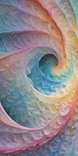 The image is a vibrant and intricate abstract painting, dominated by a swirling pattern of colors. At the center, a large, heart-shaped swirl begins, predominantly featuring shades of blue, with hints of pink and purple. This central swirl extends outward, creating a dynamic and fluid composition. The colors transition smoothly from blue to pink, then to yellow, and finally to orange, creating a rainbow-like effect. The swirls are detailed with small, feather-like or scale-like textures, adding depth and complexity to the piece. The overall effect is reminiscent of a colorful, swirling wave or feather, with no discernible objects or text, focusing solely on the mesmerizing interplay of colors and shapes.