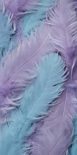 This image features a close-up of an array of feathers, predominantly in shades of purple and blue. The feathers are arranged in a somewhat random pattern, with some overlapping each other. The feather stems, or quills, are visible and exhibit a white coloration. The feathers themselves vary in texture; some appear soft and fluffy, while others are more rigid. The color palette includes light purple, dark purple, light blue, and dark blue, with the purple hues being more prominent. The image is tightly focused on the feathers, offering no additional context or background elements.