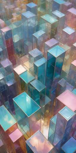 The image depicts a vibrant, abstract cityscape composed of numerous tall, rectangular skyscrapers. These structures are rendered in a variety of colors, including shades of blue, pink, purple, and gold, with some buildings appearing transparent as if you can see through them. The skyscrapers are arranged in a seemingly random pattern, creating a dynamic and visually stimulating scene. The overall composition is reminiscent of a modern, artistic interpretation of a bustling urban environment, with the buildings appearing to float in a colorful void.