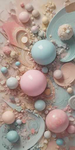The image shows an abstract arrangement of various colored balls and shapes on a canvas or paper background. The colors include pink, blue, green, yellow, white, and gray. The objects are scattered in no particular order, creating a sense of randomness. There is also a small portion of the sky visible at the top right corner of the image.