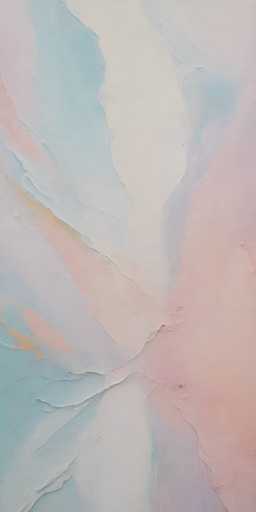 The image depicts a vertically oriented abstract painting with a predominantly white background. The composition features a central white strip that extends from the top to the bottom of the canvas, flanked by light blue and pink hues on either side. The pink coloration is more pronounced on the right side, while the blue is more prominent on the left. The painting has a textured appearance, with visible brushstrokes and areas where the paint seems to have been applied thickly, creating a layered effect. The overall color palette includes shades of white, light blue, pink, and hints of yellow, with the central white strip acting as a focal point. The abstract nature of the painting makes it challenging to discern any specific objects or scenes, emphasizing its interpretive and emotional qualities.