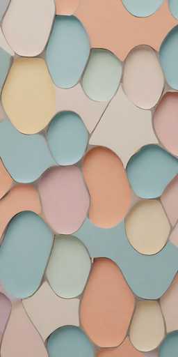The image depicts a vibrant, modern art collage composed of numerous irregularly shaped cutouts, resembling ovals and circles. These shapes are meticulously arranged to form a cohesive, abstract composition. The cutouts are made from various materials, including paper, cardboard, and possibly plastic, and are painted in a diverse palette of colors. The color scheme includes shades of blue, light blue, light green, light pink, light orange, beige, and white. The overall effect is a dynamic and visually engaging piece that captures the essence of contemporary art.