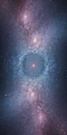 This image captures a mesmerizing view of outer space, featuring a central star that radiates a captivating pinkish-red hue. Surrounding this star is a circular formation of light, creating a striking contrast against the dark expanse of space. The background is predominantly black, dotted with numerous stars that appear as tiny white specks scattered throughout the scene. The composition is simple yet captivating, focusing solely on the celestial elements without any text or additional objects.