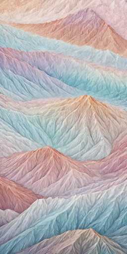 This image is a detailed, abstract painting of a mountain range, rendered in a vertical, portrait orientation. The mountains are depicted in a series of overlapping rows, each row showcasing a different color palette. Starting from the bottom, the first row features a light brown mountain with a white base. Above it, a row of bluish mountains transitions into a reddish mountain, followed by a pinkish one. The next row presents a reddish mountain with a white base, leading into a bluish mountain with a pinkish top. The subsequent row displays a bluish mountain with a pinkish base, followed by a purple mountain with a white base. Above this, a reddish mountain with a white base appears, and the final row features a bluish mountain with a pinkish top. The entire composition is characterized by its abstract nature, with the mountains blending into each other, creating a harmonious yet dynamic visual effect.
