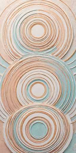 The image shows an abstract painting with a geometric design featuring three concentric circles of varying sizes and colors - pink, blue, and white. The painting is set against a gray background, creating a contrast that highlights the vibrant colors within.