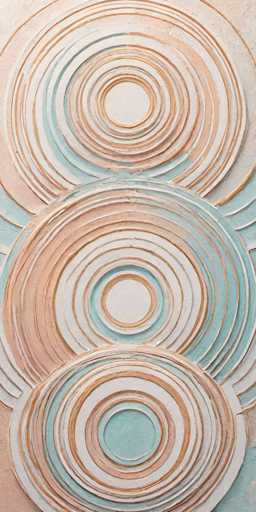 The image depicts a detailed painting on a textured, light-colored background, possibly resembling a wall or canvas. The painting features three prominent circular designs stacked vertically, each with intricate, concentric rings. The top circle is predominantly white with subtle hints of light brown and blue, while the middle circle is mostly white with more pronounced blue tones. The bottom circle is primarily blue with touches of white and brown. Each circle is composed of multiple rings, creating a layered effect that gives the impression of depth and complexity. The overall composition is visually striking, with the circles' colors and patterns contrasting beautifully against the light background.