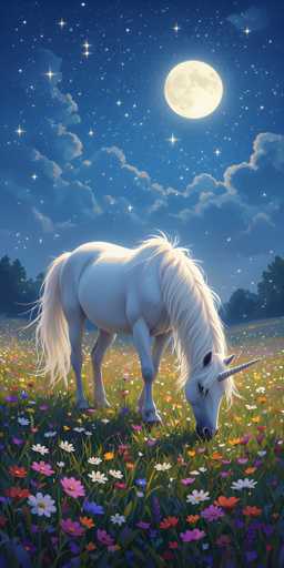 A white unicorn is grazing on a field of flowers at night under the light of a full moon.