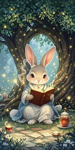 In this enchanting, fantasy-style illustration, a young rabbit girl is depicted sitting on a grassy area beneath a large tree with a hollow center. The tree's trunk is adorned with glowing yellow lights, and its branches extend upwards, creating a canopy of leaves at the top of the image. The rabbit girl, with her long pink ears and rosy cheeks, is dressed in a white gown with a blue cape. She is engrossed in reading a brown book, which emits a soft, smoky aroma. Surrounding her are various items: a teapot and teacup to her right, a small candle in a dish, and several pieces of paper with writing on them scattered on the ground. The scene is further enhanced by the presence of white flowers in the bottom corners and a small stack of firewood to the left of the tree. The overall atmosphere is magical and serene, with a whimsical touch that invites viewers into this fairy tale-like setting.
