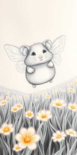 The image is a detailed, hand-drawn illustration of a whimsical, anthropomorphic mouse with butterfly wings. The mouse, which has a white belly and a grayish-black body, is depicted floating or flying above a lush field of flowers. Its large, expressive black eyes and pink nose give it a cute, endearing appearance. The mouse's wings are spread wide, with the left wing appearing slightly larger than the right. Its small hands are positioned in front of its body, and its feet are tucked close to its belly. The background features a gradient from a light pink sky at the top to a darker pink at the bottom, adding depth to the scene. Below, the field is filled with tall, grayish-green grass and numerous white flowers with yellow centers, some of which have orange outlines. The overall composition is vertical, emphasizing the mouse's flight and the expansive field below.