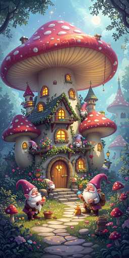 The image depicts two gnomes standing on a stone path surrounded by mushrooms and flowers. The gnomes have long white hair and are wearing red hats with white tassels. In the background, there is a large mushroom house with multiple towers and windows, as well as smaller mushroom houses scattered throughout the scene.