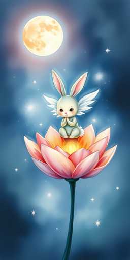 This whimsical, computer-generated illustration features a serene night sky with a glowing full moon in the upper left corner, casting a soft light over the scene. The background transitions from a dark blue at the edges to a lighter blue near the center, dotted with twinkling stars. Dominating the lower half of the image is a large, vibrant pink lotus flower with a dark green stem. At the heart of the lotus, a small, white bunny with pink ears and delicate wings sits gracefully, its tiny paws clasped together in front of its chest. The bunny's eyes are closed, and it appears to be smiling contentedly. The overall composition exudes a sense of tranquility and enchantment, blending elements of fantasy and nature in a beautifully detailed artwork.