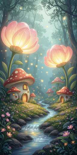 The image depicts two fairy houses nestled among mushrooms and flowers on a riverbank. The houses have white walls with red roofs and are surrounded by pink flowers and green plants. A small stream flows through the scene, reflecting the light from the pink flowers above it.
