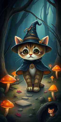 In this enchanting digital artwork, a whimsical scene unfolds in a dark, shadowy forest. At the center, a small brown and white kitten stands on its hind legs, adorned in a blue witch's hat and matching cape. The kitten's large, expressive green eyes and tiny pink nose add to its charm as it gazes directly at the viewer. Surrounding the kitten are several glowing orange mushrooms with yellow spots, casting a warm light that contrasts with the surrounding darkness. The forest floor is dotted with gray rocks and vibrant pink flowers, adding splashes of color to the scene. In the bottom right corner, a small cave entrance reveals another kitten peeking out, while a tiny mouse scurries nearby. The background features the silhouettes of trees, enhancing the mysterious and magical atmosphere of this captivating forest tableau.