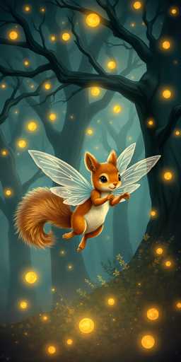 The image depicts a whimsical, computer-generated scene of a fairy-like squirrel with translucent white wings, flying through a dark, foggy forest. The squirrel, which has a brown head, white belly, and a bushy tail, is smiling and looking towards the right. The forest is filled with tall, leafless trees, their branches adorned with glowing yellow and orange orbs that resemble fireflies or moons. The ground below is covered in green grass and dotted with yellow flowers, adding to the enchanting atmosphere. The overall color palette includes shades of brown, white, yellow, orange, and black, enhancing the magical and serene mood of the scene.