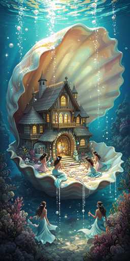 A whimsical, fantastical underwater scene unfolds within a giant seashell. A charming, multi-story house with glowing windows sits nestled inside, surrounded by four graceful mermaids. They are gathered around a shimmering pile of pearls, their flowing gowns trailing in the water. The art style is dreamlike and illustrative, emphasizing soft lighting and a serene, magical atmosphere.