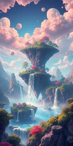 This image is a highly detailed, computer-generated fantasy landscape that evokes a sense of otherworldly wonder. Dominating the scene is a majestic waterfall cascading down a towering, mountainous structure that appears to be floating in the sky. The waterfall is flanked by lush greenery and vibrant red trees, adding a splash of color to the predominantly blue and brown palette. Surrounding this central floating island are several smaller islands, each adorned with their own waterfalls and verdant landscapes. The sky above is a deep blue, dotted with fluffy clouds tinged with pink and purple hues, and features multiple celestial bodies, including a prominent moon and several planets. The entire scene is bathed in a soft, ethereal light, enhancing the dreamlike quality of this fantastical world.