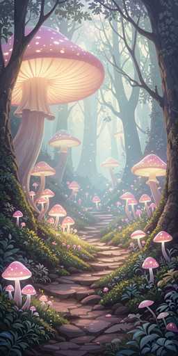 The image depicts a forest scene with mushrooms and trees. The mushrooms have white caps and are scattered throughout the frame, some of which are glowing with a soft pink light. The trees surrounding the mushrooms vary in height and density, creating depth within the scene. A winding path made of rocks leads through the center of the image, inviting viewers to explore the forest further.