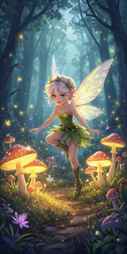 The image depicts a whimsical fairy set in a dark, shadowy forest. The fairy, with her white hair and pointed ears, is adorned with a crown of green leaves and flowers. She wears a green dress with a brown belt and has delicate, translucent wings that shimmer with a hint of yellow. Her footwear consists of green boots. The fairy is captured in mid-motion, with one leg raised as if she is dancing or walking along a stone path. Surrounding her are glowing mushrooms with red caps and white spots, casting a warm light that illuminates the scene. The forest around her is dense with tall trees, their silhouettes fading into the darkness, while the ground is dotted with green grass and purple flowers. The overall atmosphere is magical and enchanting, with the fairy appearing to be the only living creature in this serene, otherworldly setting.