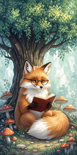 A fox is sitting under a tree with its eyes closed and holding a book in front of it. The background features mushrooms and leaves, creating an impressionistic style that emphasizes the natural elements within the scene.