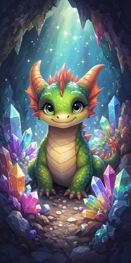 A green dragon with orange horns and a red tail is sitting on a rock surrounded by colorful crystals of various shapes and sizes. The dragon's eyes are closed, and it appears to be in a cave-like environment.