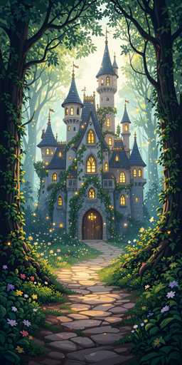 The image depicts a whimsical, computer-generated castle nestled within a dense forest. The castle, which appears to be three to four stories tall, features a central tower with a blue roof and a golden flag at its peak. Surrounding this main tower are several smaller turrets, each adorned with flags and illuminated windows that cast a warm yellow glow. The castle's exterior is constructed from gray stone, with ivy and vines creeping up its walls, adding to its enchanting appearance. 

A stone pathway, lined with vibrant flowers in shades of purple, yellow, and white, leads up to the castle's arched wooden door. The pathway is flanked by lush green grass and tall trees, some of which are draped in vines. The scene is set against a backdrop of a light blue sky, with sunlight filtering through the trees, creating a serene and magical atmosphere. The overall style of the image is reminiscent of a children's book illustration, with its detailed and fantastical elements.