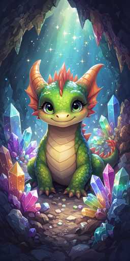 The image depicts a charming, cartoon-style green dragon with a light green body and a tan-colored belly. The dragon has two prominent orange horns on its head and a spiky mohawk-like crest. Its large, expressive eyes are green with black pupils, and it has a small, friendly smile. The dragon is seated on a dirt floor within a cave, surrounded by an array of vibrant crystals in various colors, including purple, orange, blue, green, and pink. The cave's ceiling is adorned with stalactites, and the background features a starry sky, adding a magical touch to the scene. The overall composition is colorful and whimsical, with the dragon appearing content and at ease in its crystal-filled, starry cave.