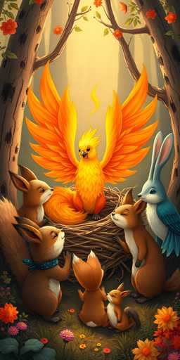 This vibrant, cartoon-style illustration features a majestic phoenix perched at the center of a nest, surrounded by five foxes and a blue bird. The phoenix, with its striking yellow and orange feathers, has its wings spread wide and its beak open, as if in mid-cry. The foxes, brown with white bellies, are positioned around the nest, gazing up at the phoenix with curious expressions. One of the foxes sports a blue ribbon around its neck. The blue bird, with a white belly and blue wings, stands to the right of the nest, also looking up at the phoenix. The scene is set against a backdrop of lush green grass and a forest, with trees framing the nest on either side. The forest floor is adorned with a variety of colorful flowers, including orange, pink, yellow, and red blooms, adding to the enchanting atmosphere of the image.
