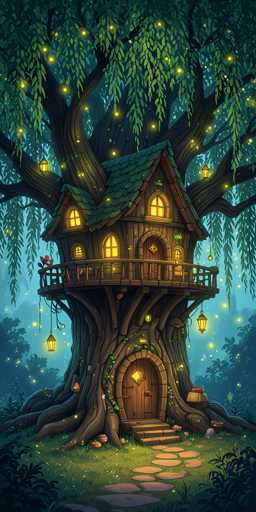 This detailed illustration depicts a whimsical, cartoon-style treehouse nestled within a towering, ancient tree. The treehouse features a charming green roof and a wooden balcony that wraps around its front. The structure is adorned with multiple windows, each emitting a warm, yellow glow, suggesting the presence of life inside. The tree itself is massive, with sprawling branches that extend outward and are adorned with lush green leaves. 

At the base of the tree, a stone pathway leads up to a wooden door, which is framed by a stone archway. The door is slightly ajar, hinting at the possibility of inhabitants within. Surrounding the treehouse, the scene is set against a backdrop of a dark blue sky, dotted with numerous yellow lights that resemble fireflies, adding a magical ambiance to the setting. The overall atmosphere is enchanting and inviting, making the treehouse appear as a cozy and delightful retreat.