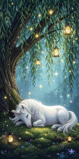 A white unicorn is lying down on a bed of green moss and flowers under a tree with yellow lanterns hanging from it.
