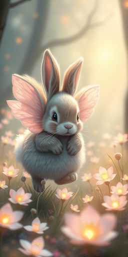 This digital artwork features a whimsical, anthropomorphic bunny with delicate pink wings, set against a dreamy, hazy background. The bunny, which has a soft grayish-brown coat, is depicted in mid-stride, with its front paws held close to its chest and its back paws slightly lifted off the ground. Its large, expressive black eyes and pink nose add to its endearing appearance. The bunny's ears are perked up, with the inner parts tinged pink, and its wings are spread out, showcasing intricate vein-like patterns. The scene is bathed in a warm, golden light, suggesting either sunrise or sunset, which enhances the ethereal quality of the image. Surrounding the bunny are numerous pink flowers with glowing yellow centers, and the background features a blurred tree, adding depth to the composition. The overall effect is a serene and enchanting portrayal of a magical creature in a fantastical setting.