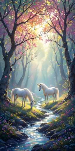 A breathtaking digital painting of two majestic white unicorns grazing peacefully in a sun-drenched, enchanted forest. The scene is bathed in soft, golden light filtering through the canopy of ancient trees with vibrant purple and orange leaves. A clear, sparkling stream winds its way through the forest floor, reflecting the sunlight like scattered diamonds. The unicorns have flowing white manes and tails, their horns gleaming softly. Lush purple and pink flowers dot the forest floor, creating a magical and serene atmosphere. The overall style is painterly and dreamlike, evoking a sense of tranquility and wonder.