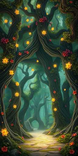 This image is a detailed, computer-generated illustration of a fantastical forest scene. Dominating the foreground are two large, gnarled trees with twisted trunks that form a natural archway over a stone pathway. The trees are adorned with vibrant green vines and leaves, and their branches stretch out in various directions. Scattered throughout the scene are numerous glowing yellow flowers, adding a magical touch to the atmosphere. The background reveals more trees, some of which have steps leading up to them, enhancing the enchanted forest feel. The overall color palette includes shades of green, yellow, red, and brown, contributing to the mystical and serene ambiance of the forest.