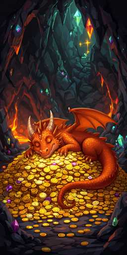 The image depicts a vibrant, cartoon-style dragon nestled in a glistening pile of gold coins within a dark cave. The dragon, with its orange scales and white horns, lies on its side, appearing content and relaxed. Its eyes are closed, and a slight smile graces its face. The dragon's wings are folded back, and its long tail curls around its body. Surrounding the dragon are numerous shiny jewels in various colors, including green, purple, and orange, adding to the cave's magical ambiance. The cave itself is illuminated by a mix of green and orange lights, with some areas appearing dark and others brightly lit. In the background, there are additional rocks and more jewels, enhancing the rich, fantastical setting.