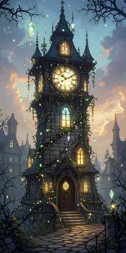 The image depicts a tall, dark gray stone clock tower with a gothic architectural style, standing prominently in the center of a small town. The tower, which has a pointed roof and a large illuminated clock face near the top, is adorned with green vines and glowing gemstones. The clock shows the time as 10:10. Below the clock, there is a brown wooden door with a window above it, leading into the tower. The scene is set at dusk, with a sky transitioning from light blue to dark blue, dotted with clouds. Surrounding the clock tower are other buildings, similarly dark gray and gothic in design, with some windows lit up. A stone pathway leads up to the tower, and a small tree stands in the bottom left corner of the image. The overall atmosphere is dark and mysterious, with a touch of fantasy.
