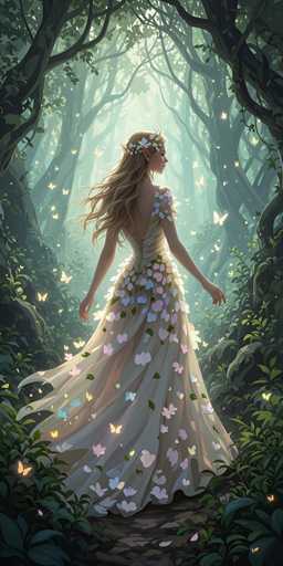 The image depicts a detailed, computer-generated scene of a young woman standing in the center of a dense forest. She is wearing a flowing, white dress adorned with pink and blue flowers, and her long, wavy blonde hair cascades down her back. Her pointed ears and the flower crown in her hair suggest she is an elf or fairy. The dress is backless, revealing her bare arms and shoulders. Surrounding her are lush green plants and trees, with sunlight filtering through the canopy, creating a dappled effect on the ground. Butterflies of various colors—yellow, blue, pink, and white—flit around her, adding to the magical atmosphere. The forest floor beneath her is a mix of brown dirt and green leaves, with the overall scene bathed in a soft, ethereal light.