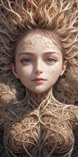 This captivating image portrays a young girl, approximately 10 years old, with a strikingly realistic appearance. The girl's face is adorned with intricate, almost surreal patterns that resemble delicate vines or branches, which are a light brown color. These patterns are particularly prominent on her forehead, cheeks, and chin, giving her an almost otherworldly look. Her large, expressive brown eyes are framed by long eyelashes, and her small, delicate nose and full lips add to her youthful charm. The girl's hair is a light brown shade, styled in a way that it appears to blend seamlessly with the patterns on her face. Her neck and shoulders are covered in the same light brown, vine-like patterns, extending down to her chest, where they transition into a more intricate, tan-colored design. The overall effect is a mesmerizing fusion of human and natural elements, creating a visually stunning and thought-provoking image.