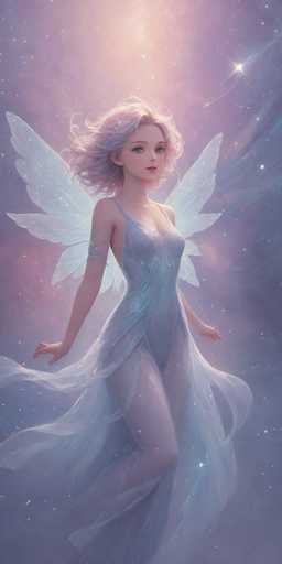 A beautiful, ethereal fantasy illustration of a young fairy-like being with delicate features and flowing, translucent wings. The figure is clad in a shimmering, sheer gown that seems to float around her, with intricate details suggesting a delicate fabric. Her hair is soft and light-colored, possibly pastel pink or lavender, with gentle curls. She has large, expressive eyes that gaze softly towards the viewer. The background is a dreamy blend of soft purples and pinks, with sparkling stardust and glowing particles creating an otherworldly atmosphere. The overall style is reminiscent of digital painting, with a focus on soft lighting and delicate textures to evoke a sense of magic and wonder.