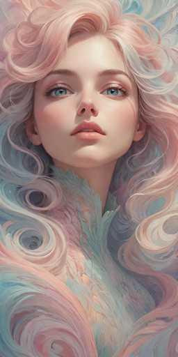 This image is a detailed, computer-generated portrait of a young woman with a strikingly ethereal appearance. She has long, wavy hair that cascades down to her waist, featuring a blend of pink, blue, and white hues. Her hair is parted in the middle, with the ends curling slightly. She has light blue eyes, framed by dark eyebrows, and her lips are a soft pink, slightly parted to reveal her top two teeth. Her complexion is fair, and she has a subtle blush on her cheeks. She is wearing a high-necked, collared shirt that appears to be made of a feather-like material, incorporating the same pink, blue, and white colors as her hair. The background is a harmonious blend of these colors, enhancing the dreamy and surreal quality of the portrait. The overall effect is a captivating and otherworldly representation of beauty.